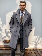 Double-Breasted Trench Coat Men's Wool Blend Grey Long Overcoat – Office, Winter Gift
