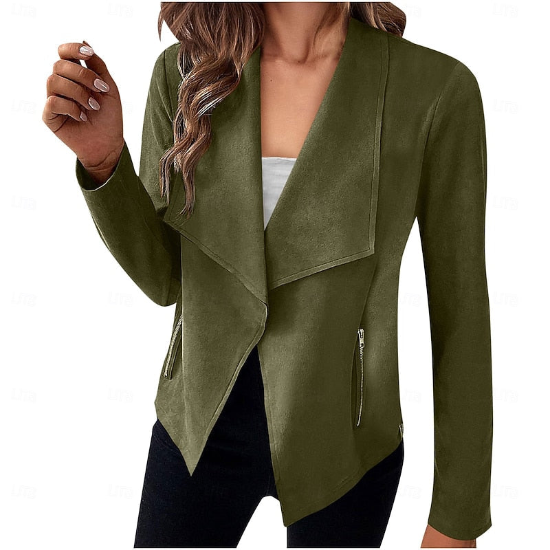 Draped Open-Front Jacket Women's Suede Long Sleeve Blazer – Casual, Office