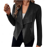 Draped Open-Front Jacket Women's Suede Long Sleeve Blazer – Casual, Office