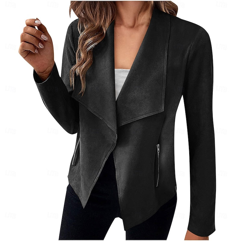 Draped Open-Front Jacket Women's Suede Long Sleeve Blazer – Casual, Office