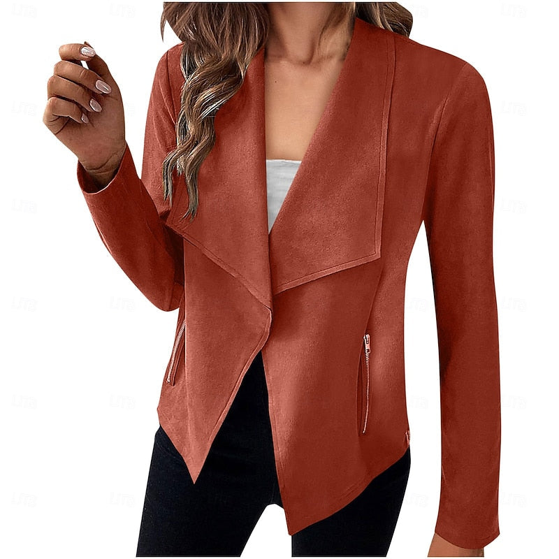 Draped Open-Front Jacket Women's Suede Long Sleeve Blazer – Casual, Office