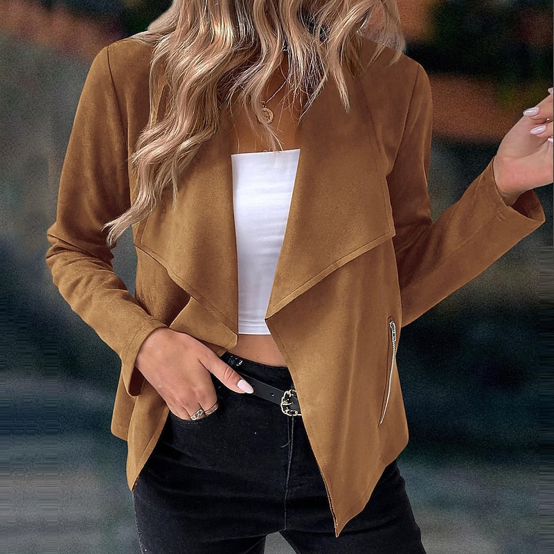 Draped Open-Front Jacket Women's Suede Long Sleeve Blazer – Casual, Office