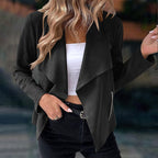 Draped Open-Front Jacket Women's Suede Long Sleeve Blazer – Casual, Office