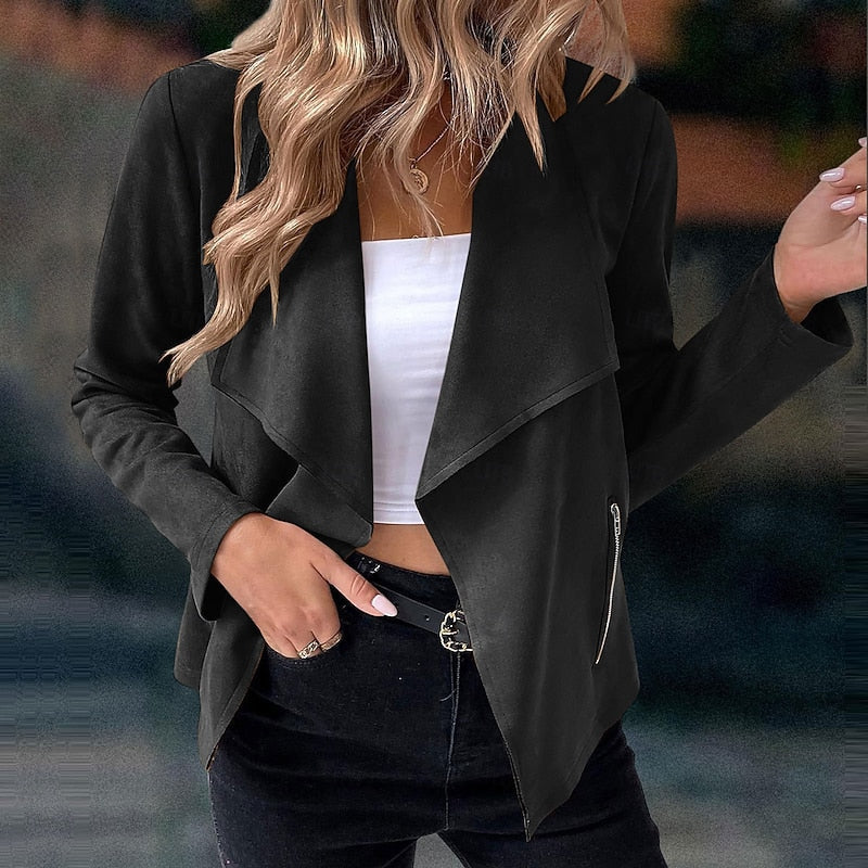 Draped Open-Front Jacket Women's Suede Long Sleeve Blazer – Casual, Office
