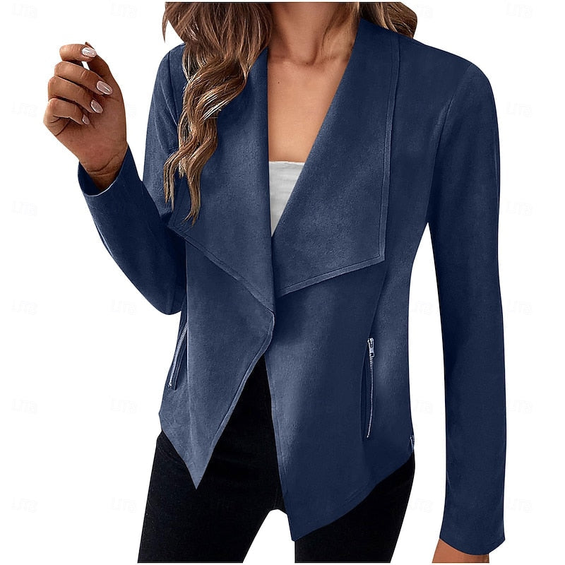 Draped Open-Front Jacket Women's Suede Long Sleeve Blazer – Casual, Office
