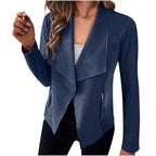Draped Open-Front Jacket Women's Suede Long Sleeve Blazer – Casual, Office