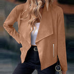Draped Open-Front Jacket Women's Suede Long Sleeve Blazer – Casual, Office