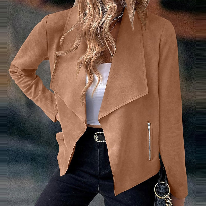 Draped Open-Front Jacket Women's Suede Long Sleeve Blazer – Casual, Office