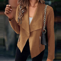 Draped Open-Front Jacket Women's Suede Long Sleeve Blazer – Casual, Office