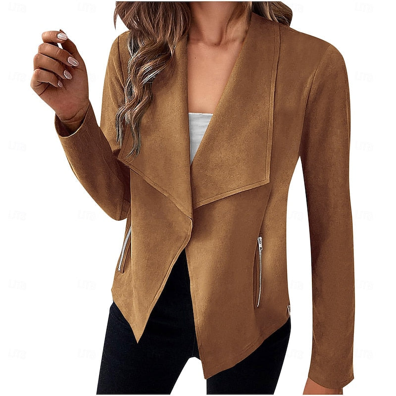 Draped Open-Front Jacket Women's Suede Long Sleeve Blazer – Casual, Office