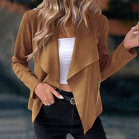 Draped Open-Front Jacket Women's Suede Long Sleeve Blazer – Casual, Office