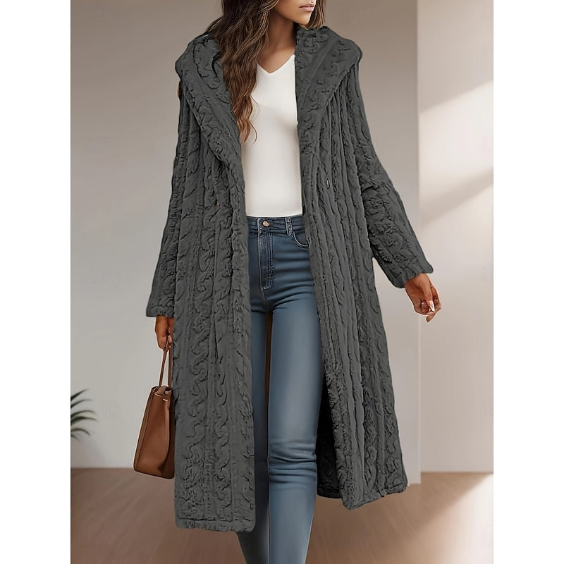 Faux Fur Hooded Longline Coat Women's Textured Overcoat – Casual Winter Outerwear, Gift