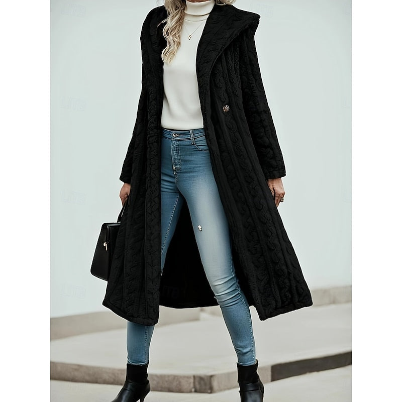 Faux Fur Hooded Longline Coat Women's Textured Overcoat – Casual Winter Outerwear, Gift