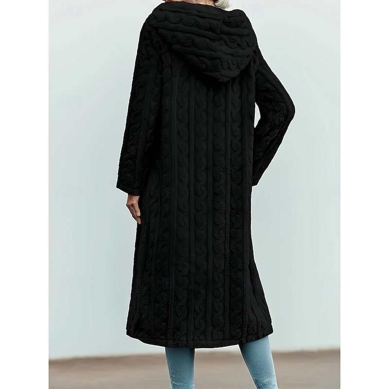 Faux Fur Hooded Longline Coat Women's Textured Overcoat – Casual Winter Outerwear, Gift