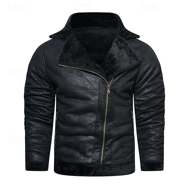 Faux Leather Biker Jacket Men's Black Fleece-Lined – Casual, Winter Motorcycle Wear