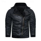 Faux Leather Biker Jacket Men's Black Fleece-Lined – Casual, Winter Motorcycle Wear