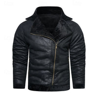 Faux Leather Biker Jacket Men's Black Fleece-Lined – Casual, Winter Motorcycle Wear