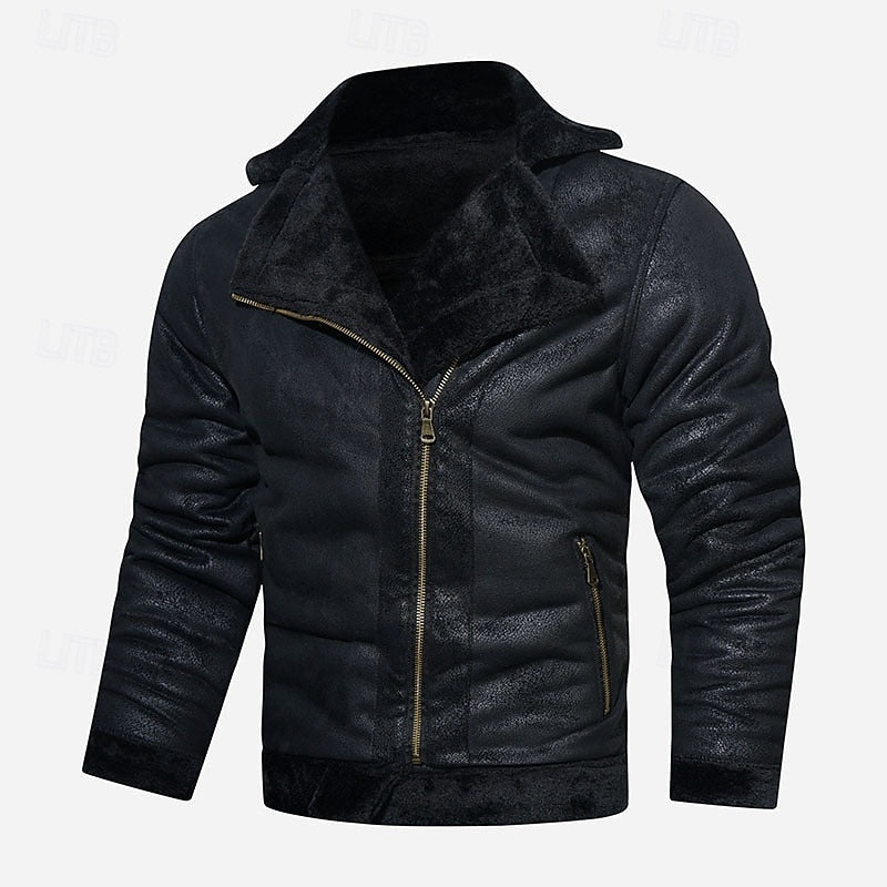 Faux Leather Biker Jacket Men's Black Fleece-Lined – Casual, Winter Motorcycle Wear