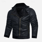 Faux Leather Biker Jacket Men's Black Fleece-Lined – Casual, Winter Motorcycle Wear