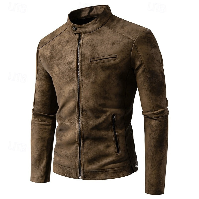 Faux Leather Biker Jacket Men's Stand Collar Zip-Up – Casual, Gift