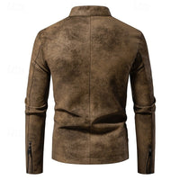 Faux Leather Biker Jacket Men's Stand Collar Zip-Up – Casual, Gift