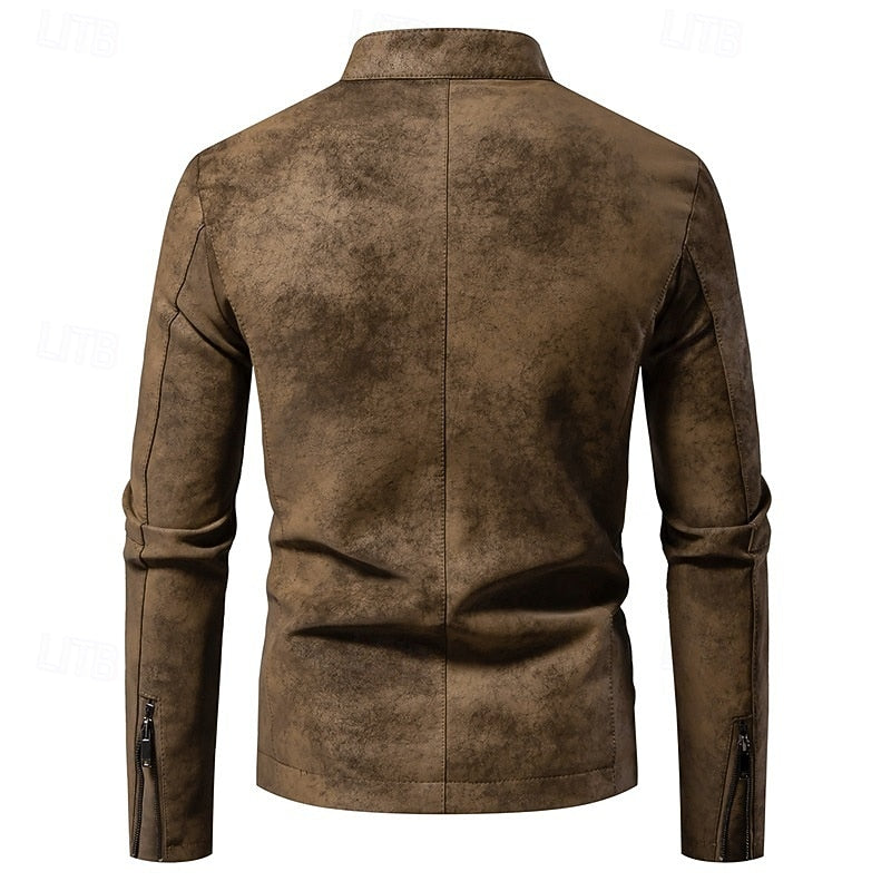 Faux Leather Biker Jacket Men's Stand Collar Zip-Up – Casual, Gift