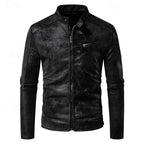 Faux Leather Biker Jacket Men's Stand Collar Zip-Up – Casual, Gift