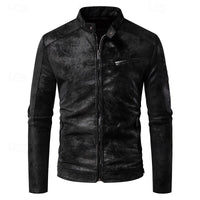 Faux Leather Biker Jacket Men's Stand Collar Zip-Up – Casual, Gift