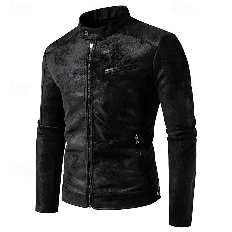 Faux Leather Biker Jacket Men's Stand Collar Zip-Up – Casual, Gift