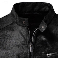 Faux Leather Biker Jacket Men's Stand Collar Zip-Up – Casual, Gift
