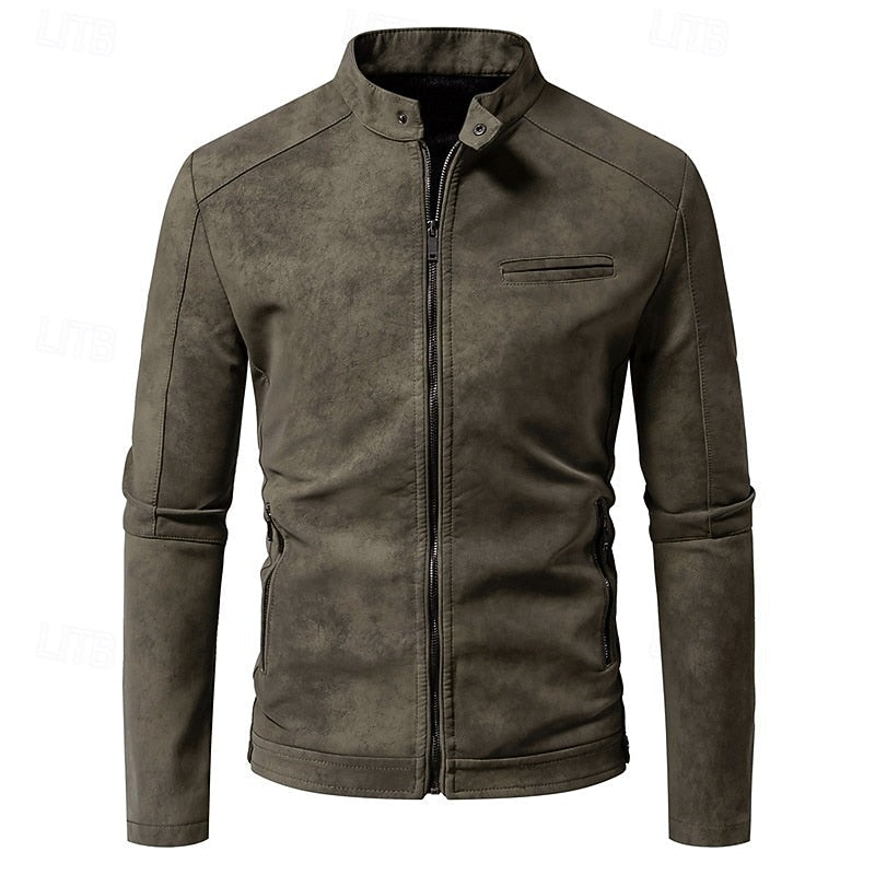 Faux Leather Biker Jacket Men's Stand Collar Zip-Up – Casual, Gift