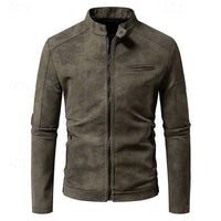 Faux Leather Biker Jacket Men's Stand Collar Zip-Up – Casual, Gift