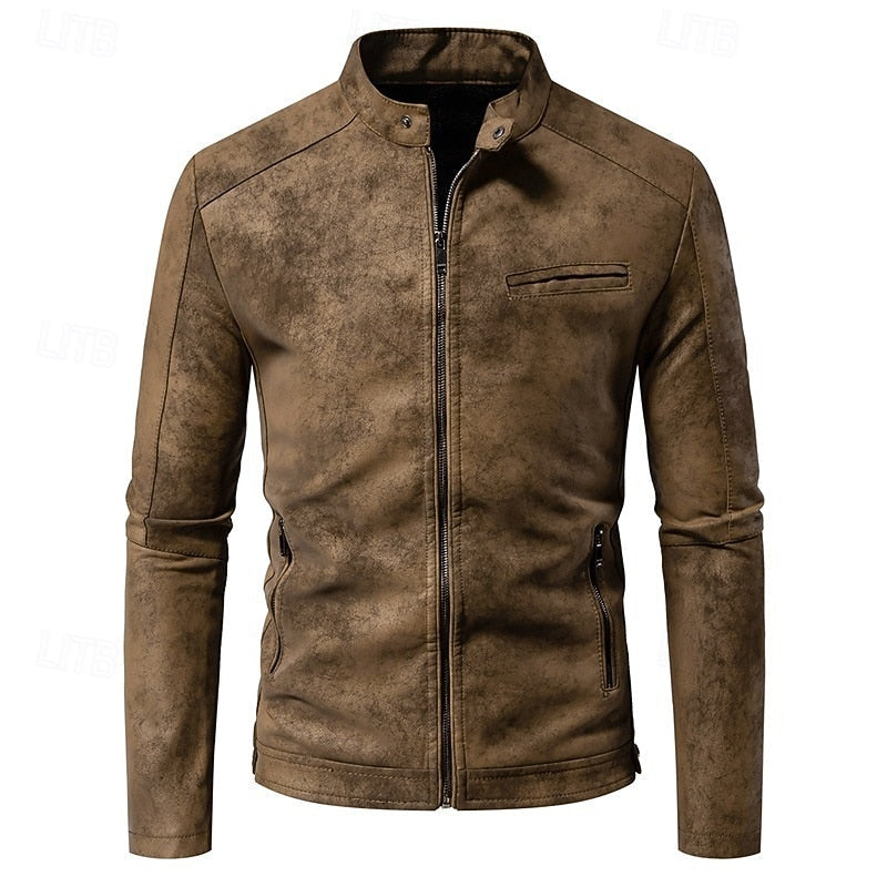 Faux Leather Biker Jacket Men's Stand Collar Zip-Up – Casual, Gift