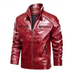 Faux Leather Biker Jacket Men's Red Zip-Up Moto Coat – Casual, Gift