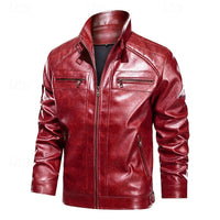 Faux Leather Biker Jacket Men's Red Zip-Up Moto Coat – Casual, Gift