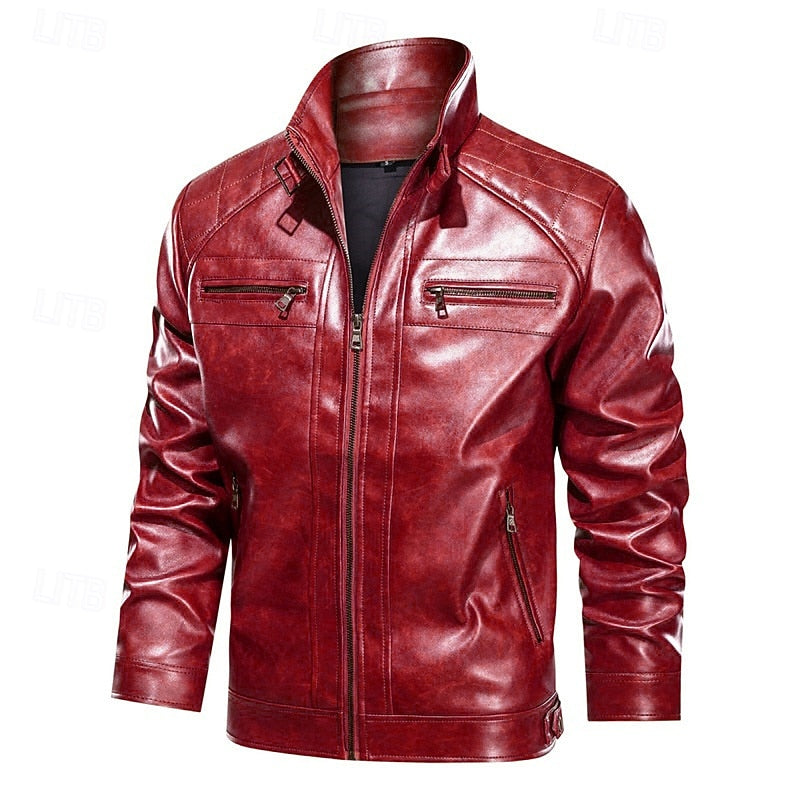Faux Leather Biker Jacket Men's Red Zip-Up Moto Coat – Casual, Gift