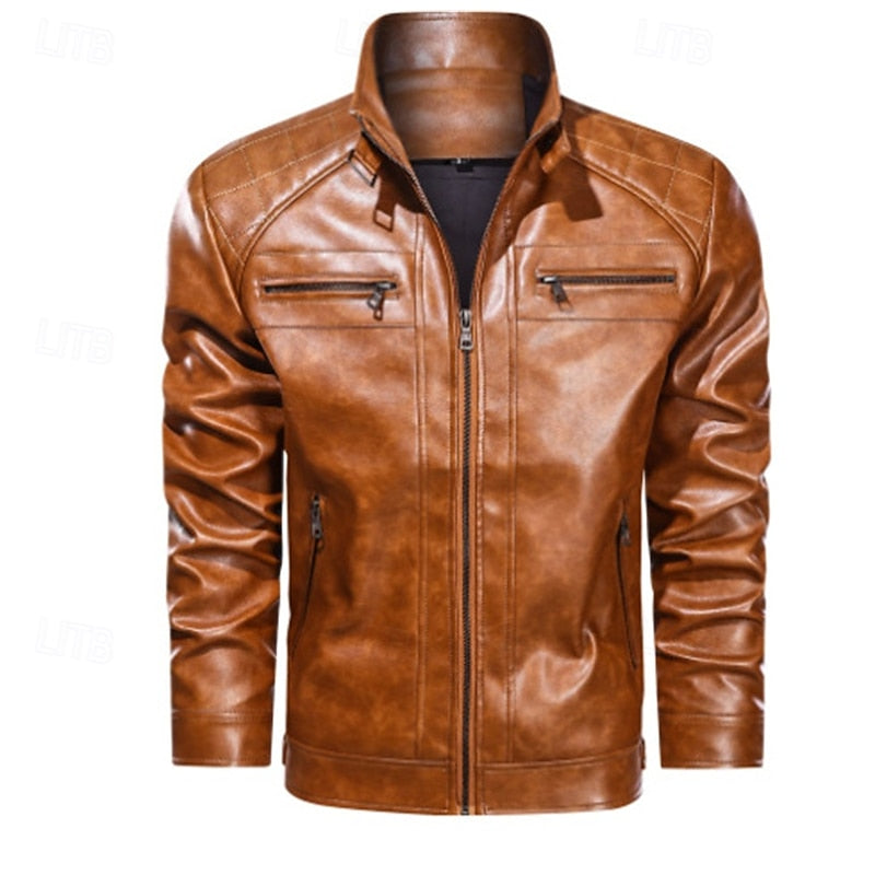 Faux Leather Biker Jacket Men's Red Zip-Up Moto Coat – Casual, Gift