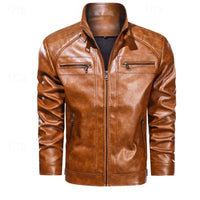 Faux Leather Biker Jacket Men's Red Zip-Up Moto Coat – Casual, Gift