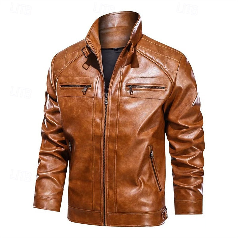 Faux Leather Biker Jacket Men's Red Zip-Up Moto Coat – Casual, Gift