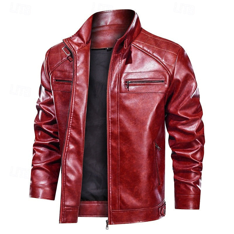 Faux Leather Biker Jacket Men's Red Zip-Up Moto Coat – Casual, Gift
