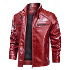 Faux Leather Biker Jacket Men's Red Zip-Up Moto Coat – Casual, Gift