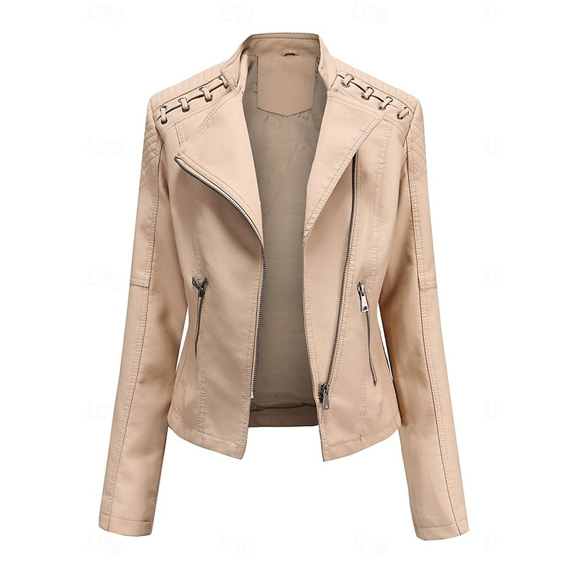 Faux Leather Biker Jacket Women's Black Zip-Up – Casual, Office