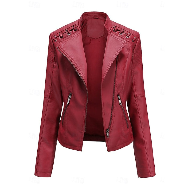 Faux Leather Biker Jacket Women's Black Zip-Up – Casual, Office
