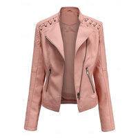 Faux Leather Biker Jacket Women's Black Zip-Up – Casual, Office