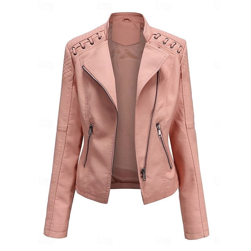 Faux Leather Biker Jacket Women's Black Zip-Up – Casual, Office