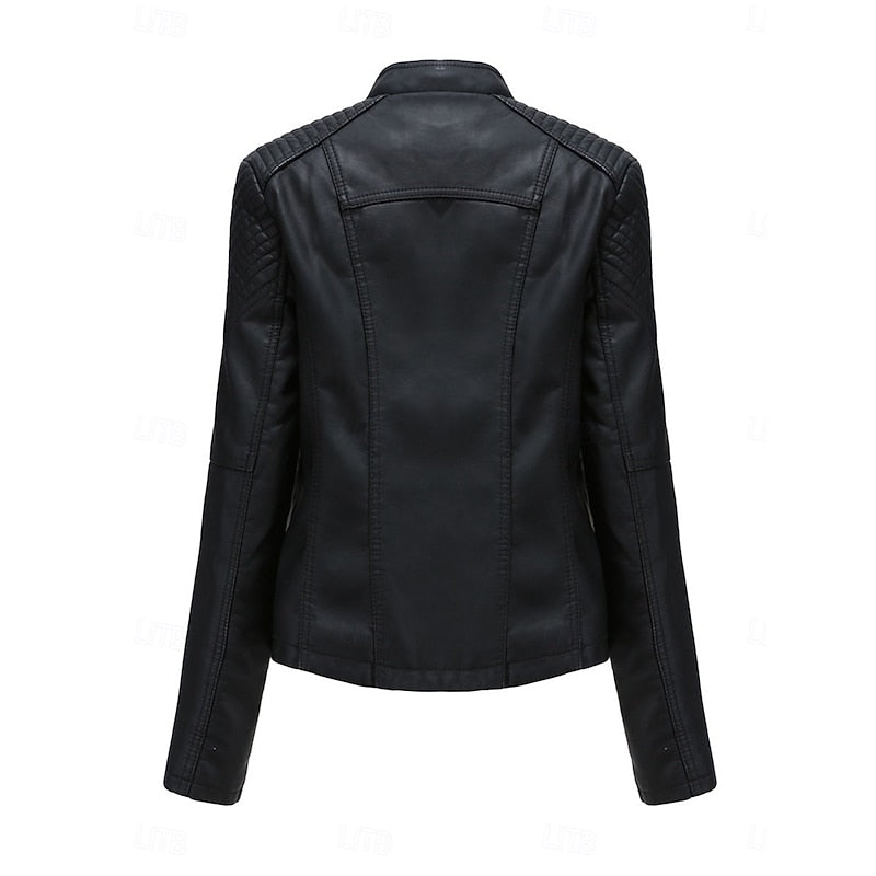 Faux Leather Biker Jacket Women's Black Zip-Up – Casual, Office