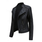 Faux Leather Biker Jacket Women's Black Zip-Up – Casual, Office