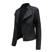 Faux Leather Biker Jacket Women's Black Zip-Up – Casual, Office