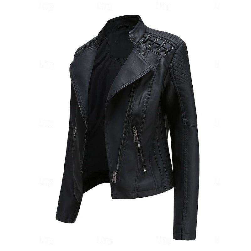 Faux Leather Biker Jacket Women's Black Zip-Up – Casual, Office