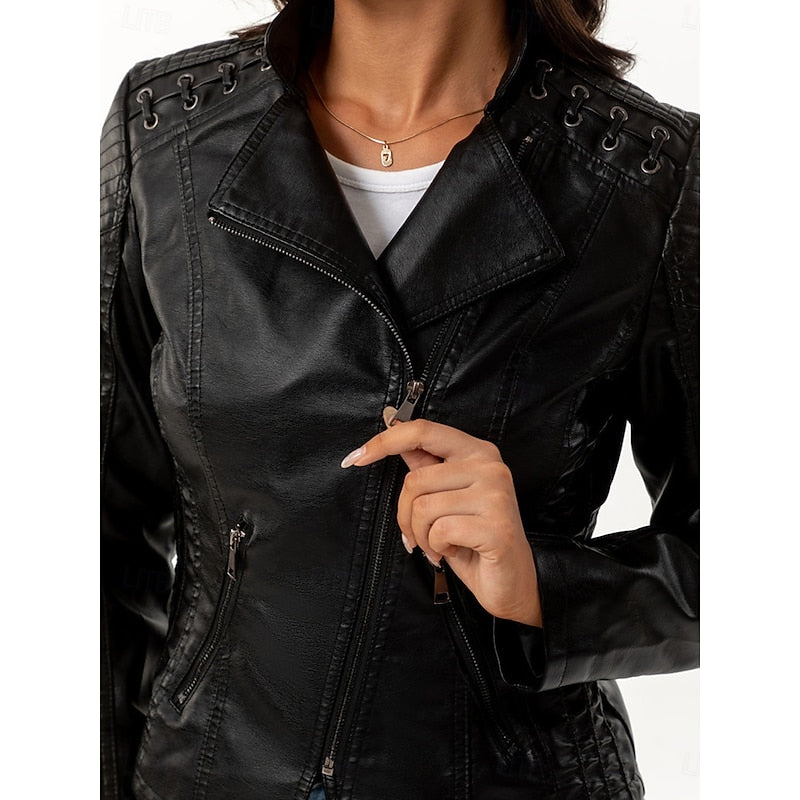 Faux Leather Biker Jacket Women's Black Zip-Up – Casual, Office